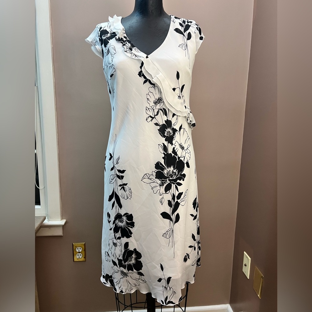 Y2K Black & White Floral Ruffle Cocktail Midi Dress Date Night Size Petite 8